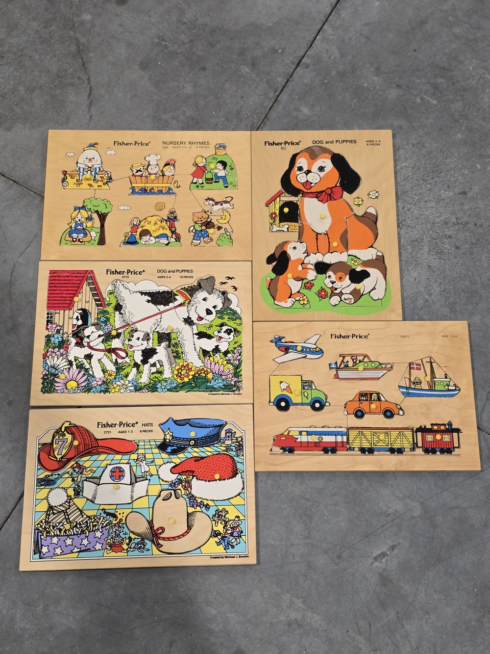 5x Vintage Fisher-Price Kids Wooden Puzzle Set - Colorful Multi-Scene Play